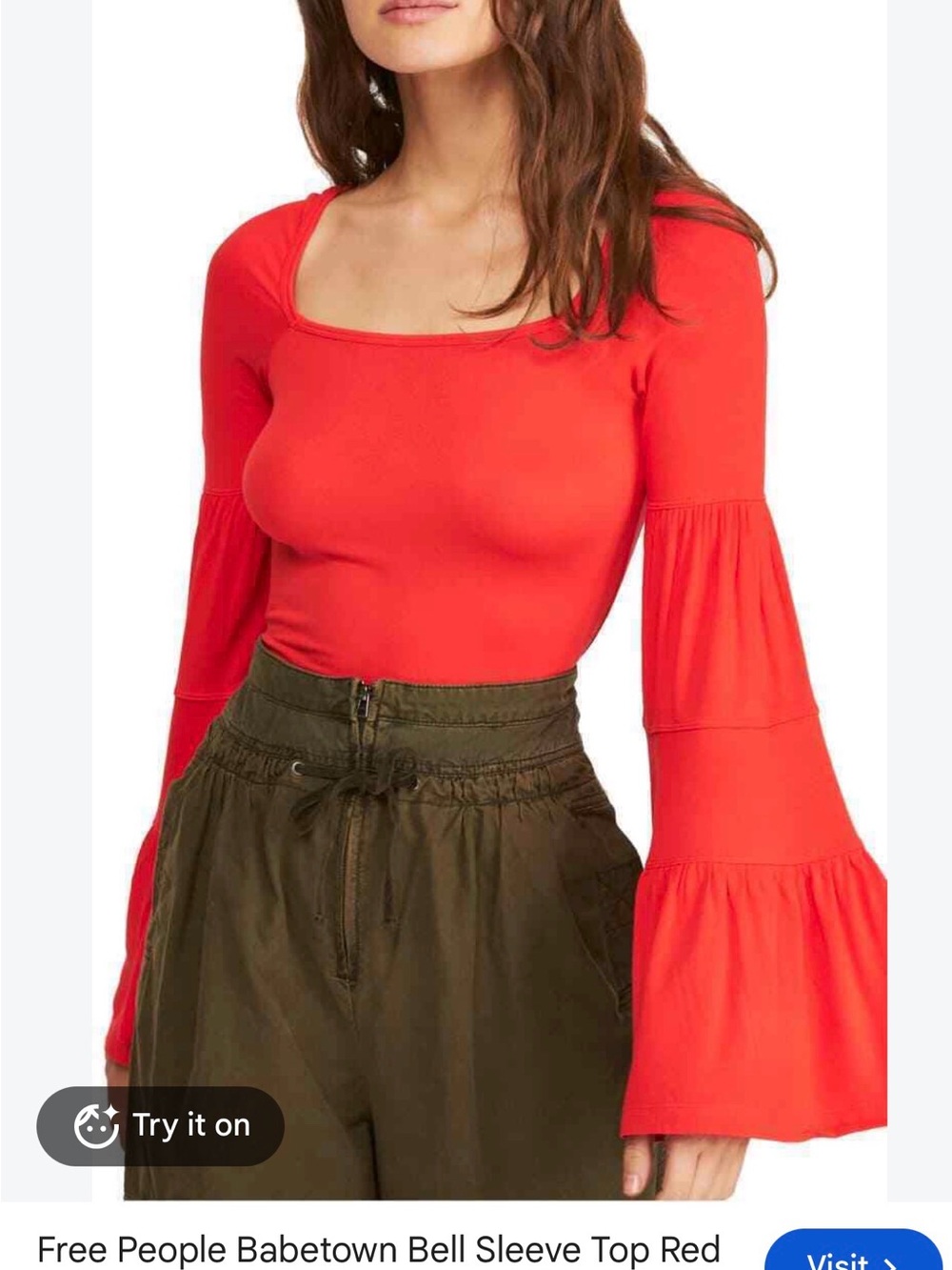 Free People Red Tiered Bell Sleeve Square Neck Top